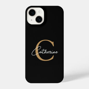 Elegant Minimalist Black and Gold Script Monogram iPhone 14 Case
