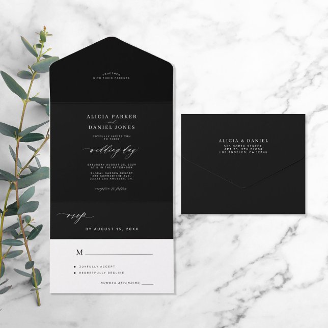 Elegant minimalist black and white dark wedding all in one invitation (Creator Uploaded)