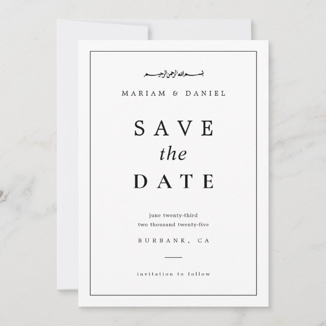 Elegant Minimalist Black and White Islamic Wedding Save The Date (Front)