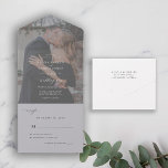 Elegant minimalist black and white photo wedding a all in one invitation<br><div class="desc">Modern simple minimal typography dark all in one invite and rsvp wedding seal and send invitation template featuring a chic trendy calligraphy script.              Easy to personalize with your photo and details on both sides! The invitation is suitable for classic formal neutral weddings.</div>