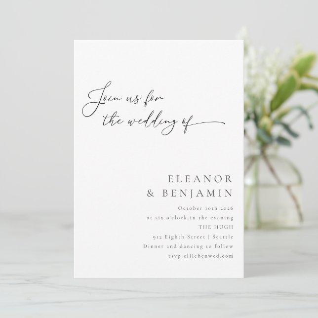 Elegant Minimalist Black and White Script Wedding Invitation (Standing Front)