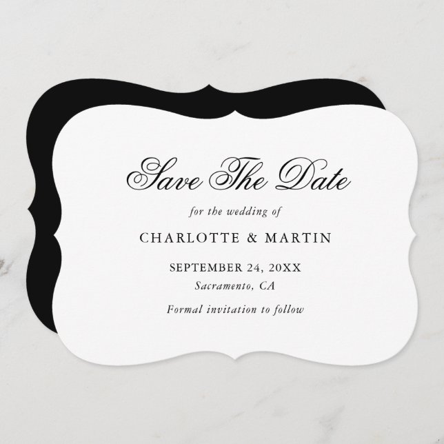 Elegant Minimalist Black and White Script Wedding Save The Date (Front/Back)
