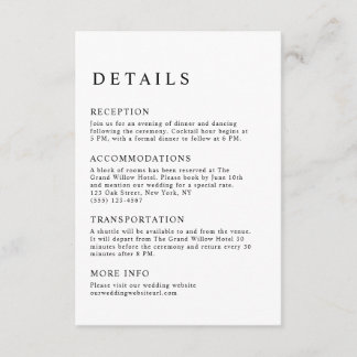 Elegant Minimalist Black and White Wedding Details Enclosure Card