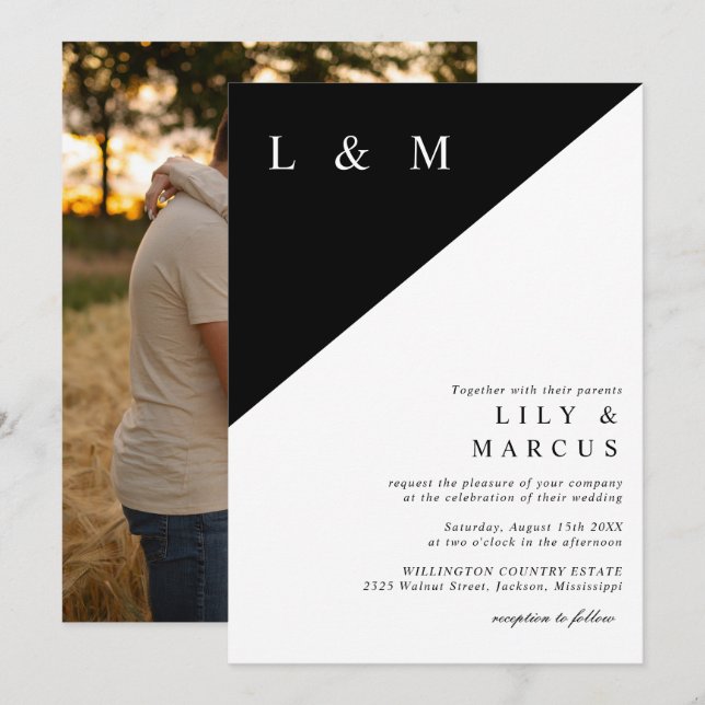 Elegant Minimalist Black And White Wedding Photo Invitation (Front/Back)