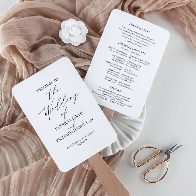 Elegant Minimalist Black And White Wedding Program Hand Fan (Creator Uploaded)