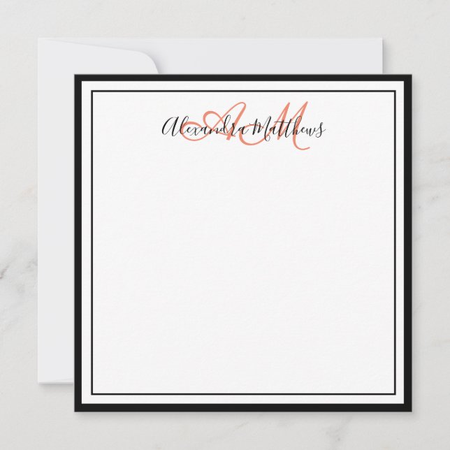 Elegant Minimalist Black Border Coral Monogram Card (Front)