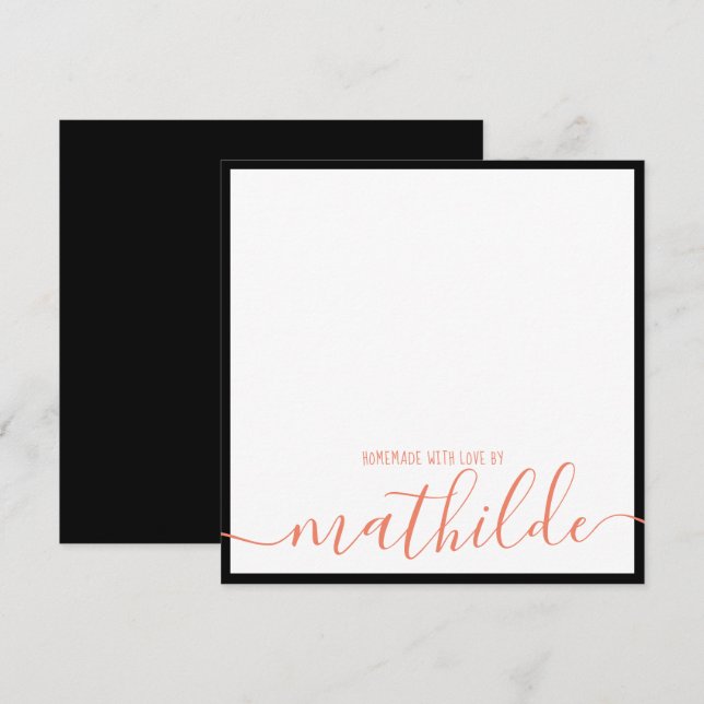 Elegant Minimalist Black Border Coral Script Name Card (Front/Back)