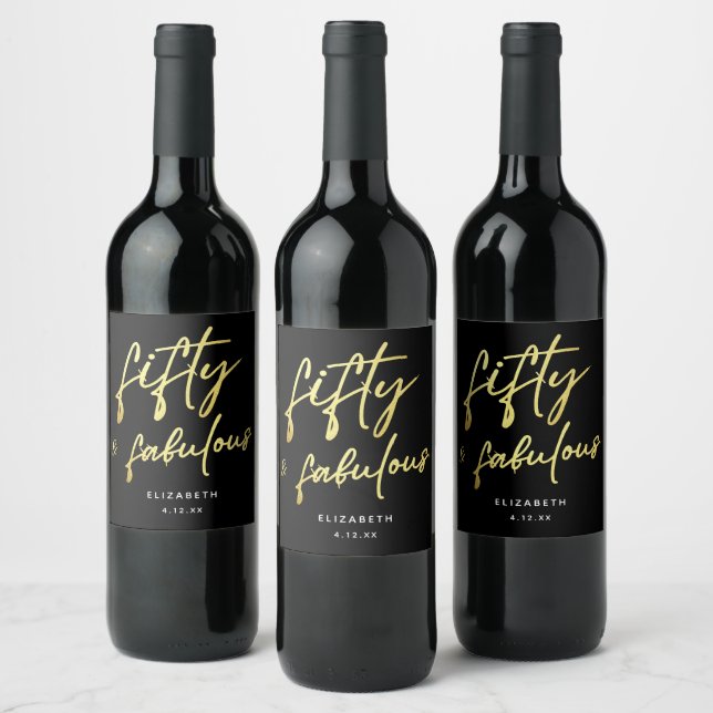 Elegant Minimalist Black Gold Fifty and Fabulous Wine Label (Bottles)