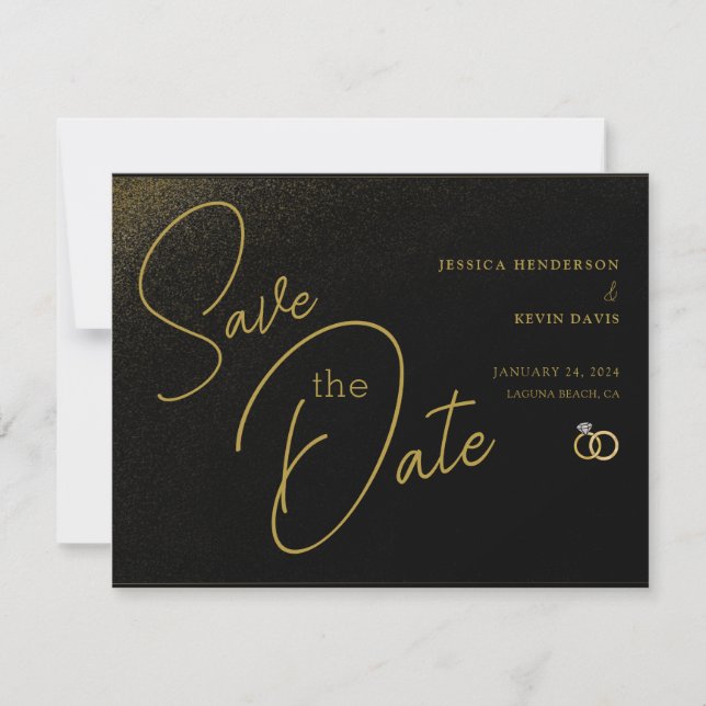 Elegant Minimalist Black & Gold Save-the-Date Save Save The Date (Front)