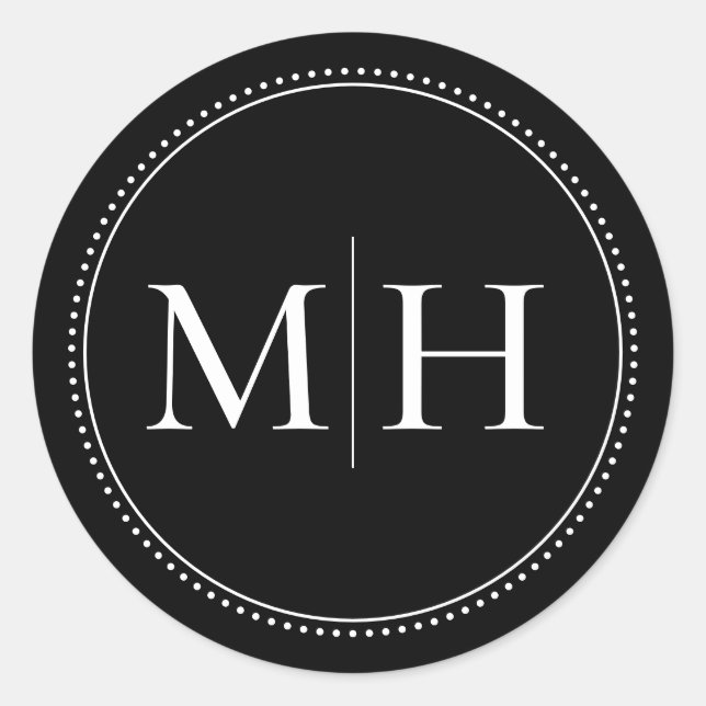 Elegant Minimalist Black Monogram Dotted Border Classic Round Sticker (Front)