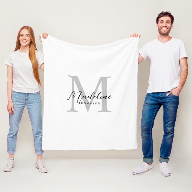 Elegant Minimalist Black Script Grey Monogram Fleece Blanket (In Situ)