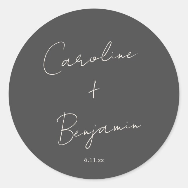 Elegant Minimalist Black Script Wedding Custom Classic Round Sticker (Front)