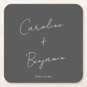 Elegant Minimalist Black Script Wedding Custom Square Paper Coaster