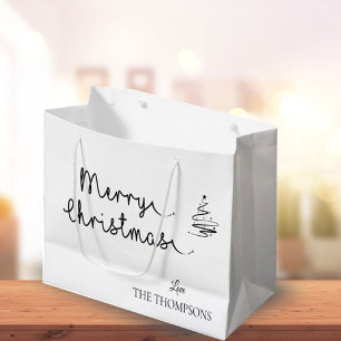 Elegant Minimalist Black White Merry Christmas Large Gift Bag