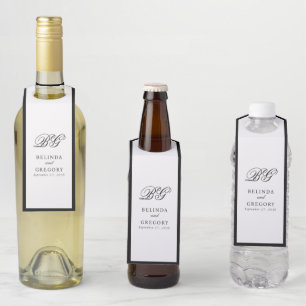 Elegant Minimalist Black White Monogram Wedding Bottle Tag