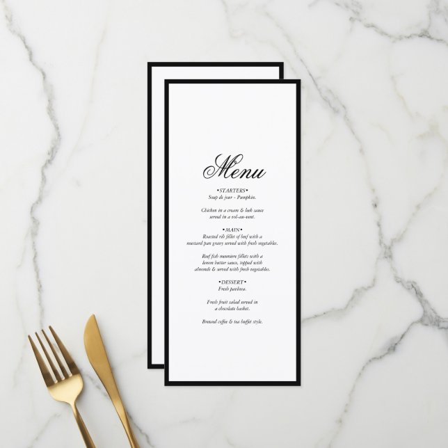 Elegant Minimalist Black White Monogram Wedding Menu (Front/Back In Situ)