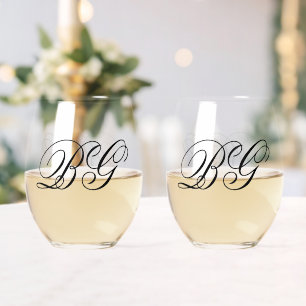 Elegant Minimalist Black White Monogram Wedding Stemless Wine Glass