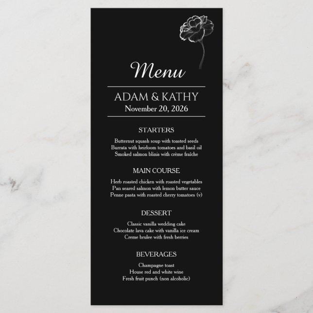 Elegant Minimalist Black White Wedding Menu (Front)