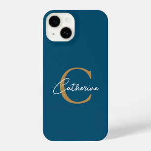 Elegant Minimalist Blue and Gold Script Monogram iPhone 14 Case