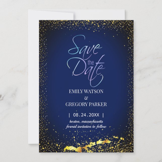 Elegant minimalist blue-gold save the date (Front)