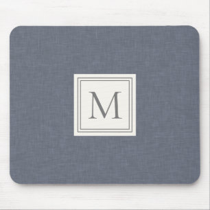 Elegant Minimalist Blue Gray Faux Linen Monogram Mouse Pad