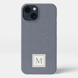 Elegant Minimalist Blue Grey Faux Linen Monogram iPhone 13 Case