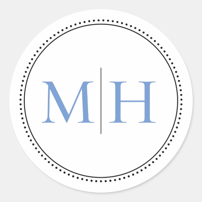 Elegant Minimalist Blue Monogram Dotted Border Classic Round Sticker (Front)