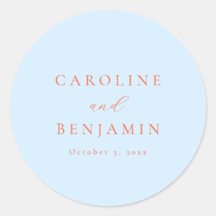 Elegant Minimalist Blue Orange Calligraphy Wedding Classic Round Sticker