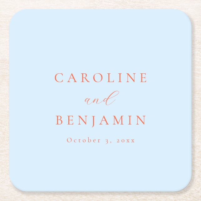 Elegant Minimalist Blue Orange Calligraphy Wedding Square Paper Coaster (Front)