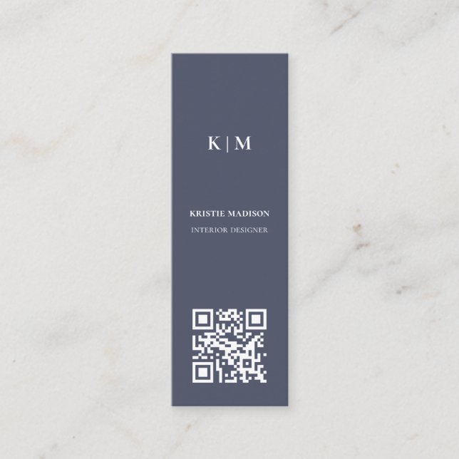 Elegant Minimalist Blue Qr code Interior Designer Mini Business Card (Front)
