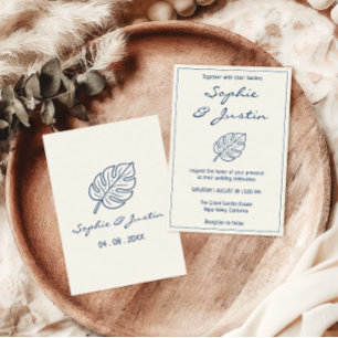 Elegant Minimalist Blue Tropical Leaf Wedding Invitation