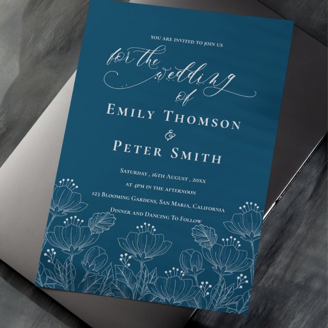 Elegant Minimalist Blue White Line Floral Wedding Invitation (Elegant Minimalist Blue White Line Floral Wedding Invitation)
