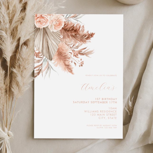 Elegant Minimalist Boho Floral 1st Birthday Invitation (Creator Uploaded)
