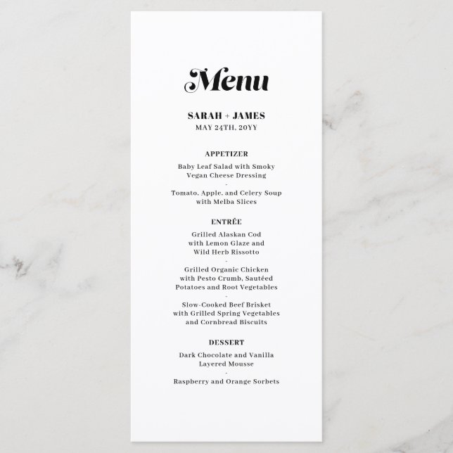 Elegant Minimalist Bold Calligraphy White Wedding Menu (Front)