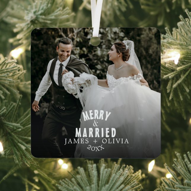 Elegant Minimalist Bold Merry and Married Photo    Metal Ornament (Insitu)