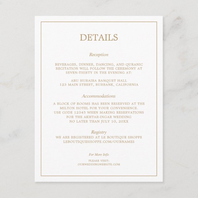 Elegant Minimalist Border Gold Wedding Details Enclosure Card (Front)