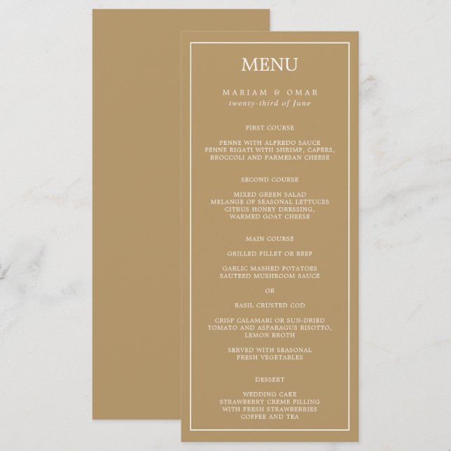 Elegant Minimalist Border Gold Wedding Dinner Menu (Front/Back)