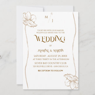 Elegant Minimalist Botanical Gold Line Art Wedding Invitation