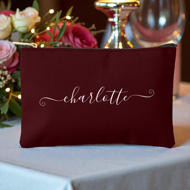 Elegant Minimalist Bridesmaid Name | Deep Burgundy Accessory Pouch (Creator Uploaded)