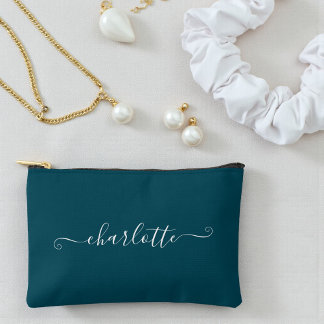 Elegant Minimalist Bridesmaid Name | Deep Teal Accessory Pouch