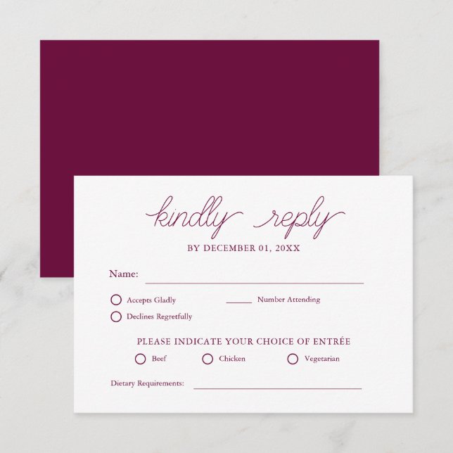 Elegant Minimalist Burgundy Modern Wedding RSVP (Front/Back)