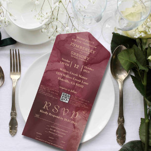 Elegant Minimalist Burgundy Watercolor QR Code All In One Invitation
