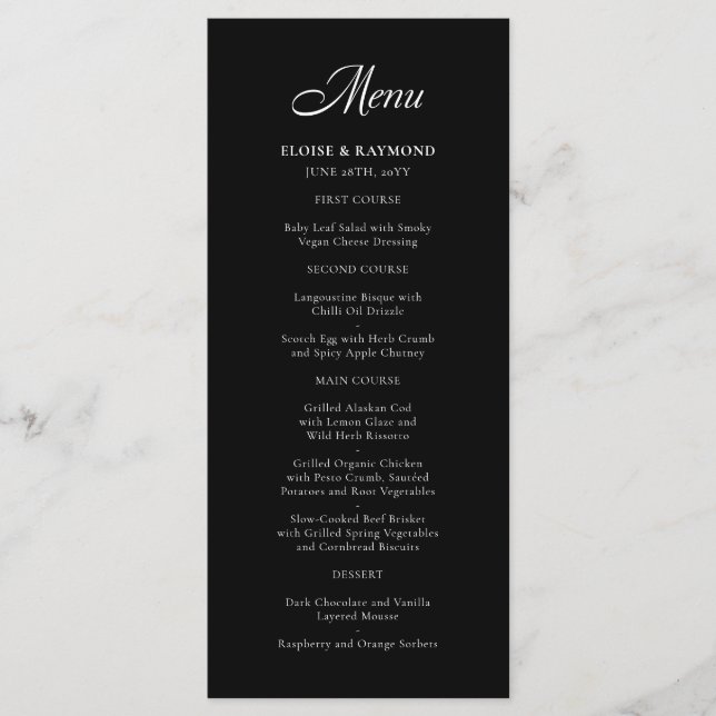 Elegant Minimalist Calligraphy Black Wedding Menu (Front)