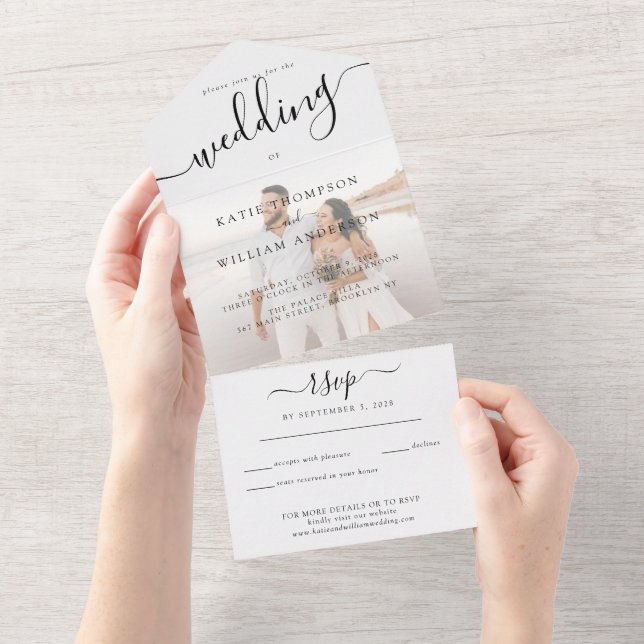 Elegant Minimalist Calligraphy Photo Wedding All In One Invitation (Tearaway)