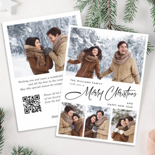 Elegant Minimalist Christmas 5 Photo QR code Holiday Card (Creator Uploaded)