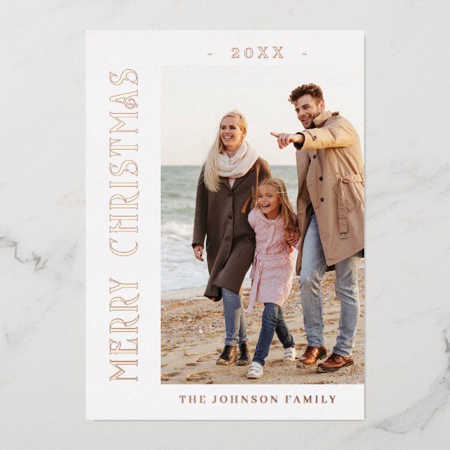 Elegant Minimalist Christmas Photo Rose Gold Foil Holiday Card (Front)