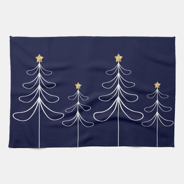 Elegant minimalist Christmas tree design blue Kitchen Towel (Horizontal)