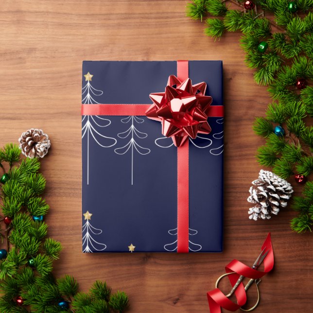 Elegant minimalist Christmas tree design blue Wrapping Paper (Holiday Gift)
