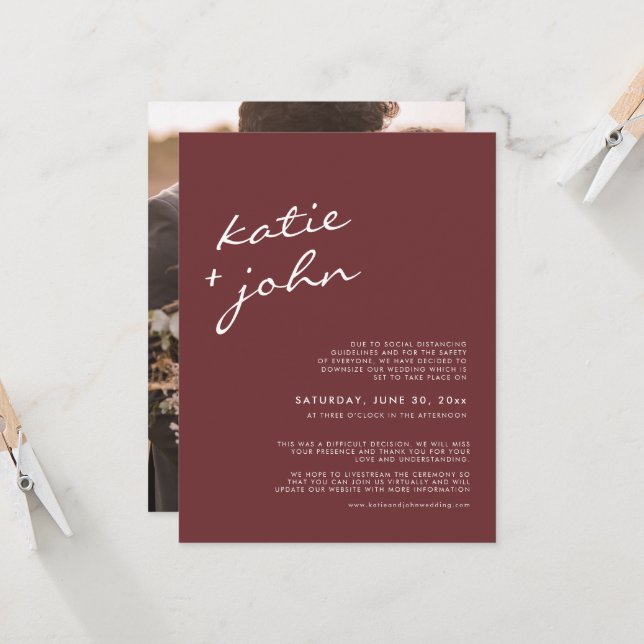 Elegant Minimalist Cinnamon Downsized Wedding  Invitation (Front/Back In Situ)