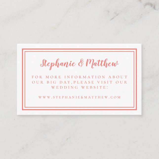 Elegant Minimalist Coral White Wedding Website Enclosure Card (Front)